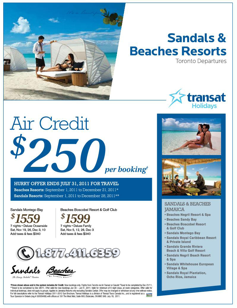 $250 Air Credit Deal with Transat Holidays