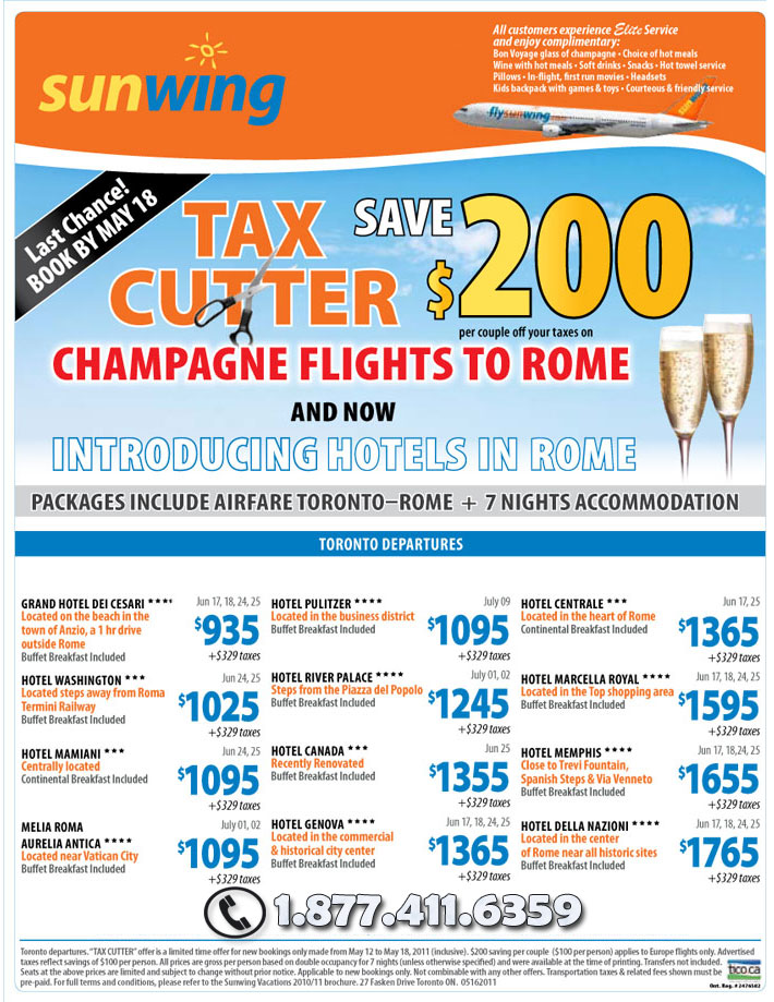 Sunwing Airlines Specials - Tax Cutter on Europe Hotels