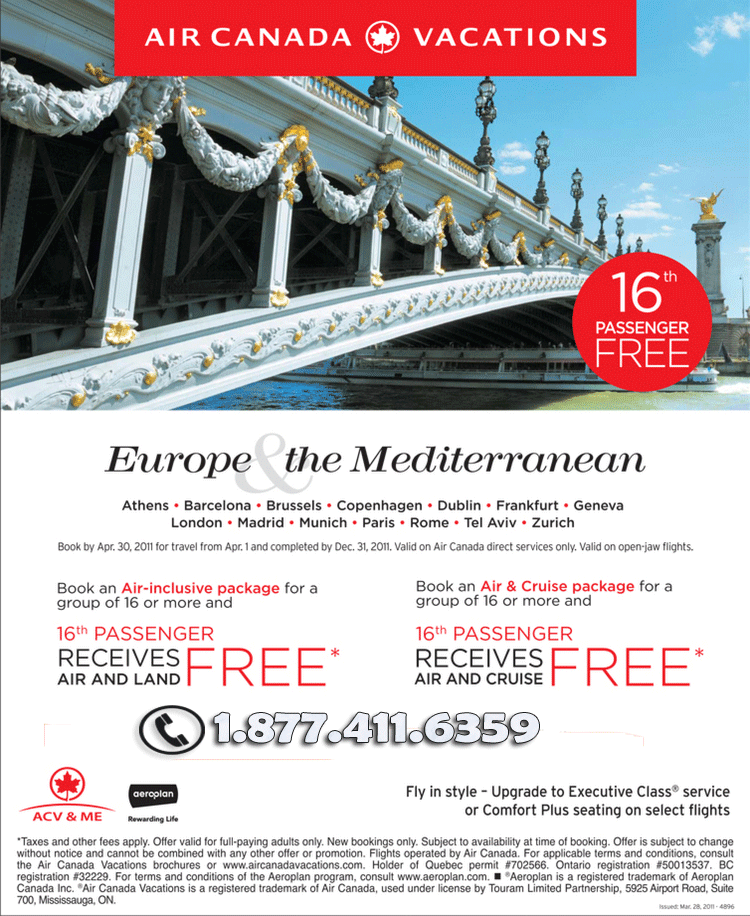 Air Canada Vacations Group Deals Air Canada 16th Passenger Free - Extended!