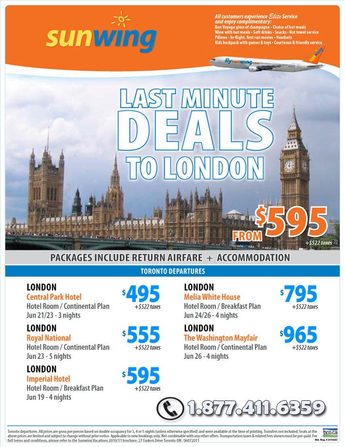 Sunwing Vacations Last Minute Deals To London Toronto Departures 3 4 Or 5 Nights 411travelbuys Ca